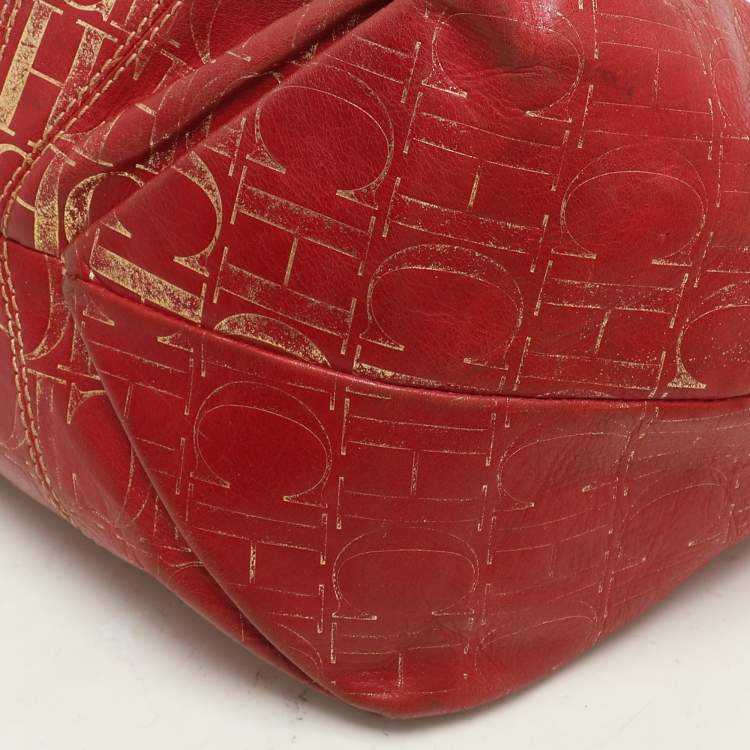 Pre Owned CH Carolina Herrera Red/Gold Monogram Leather Chain Tote