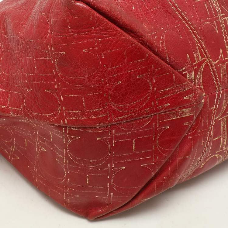 Pre Owned CH Carolina Herrera Red/Gold Monogram Leather Chain Tote