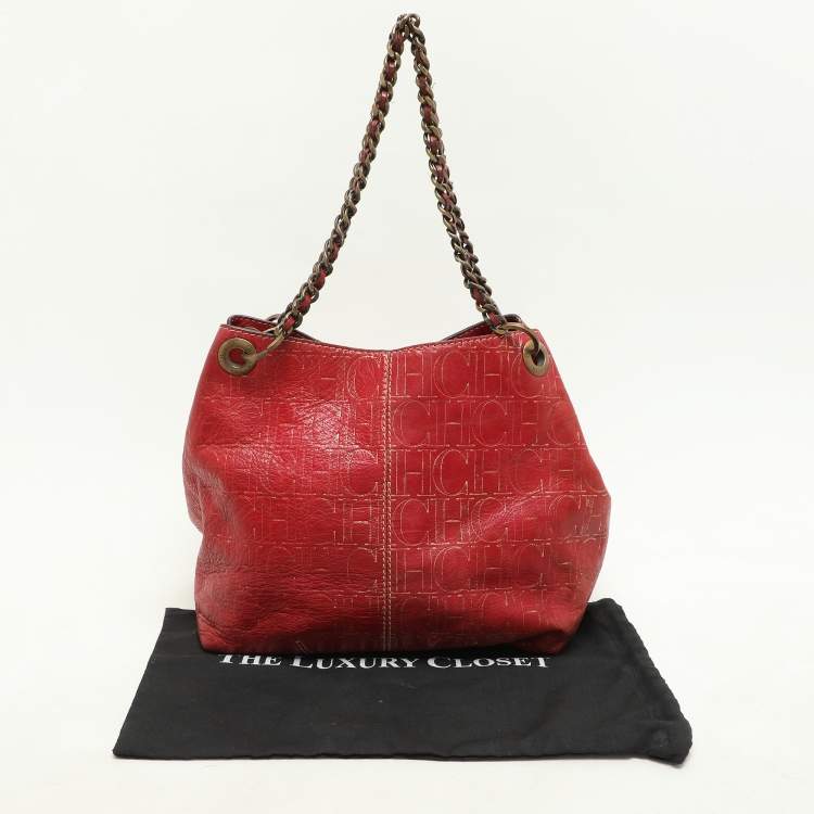 Pre Owned CH Carolina Herrera Red/Gold Monogram Leather Chain Tote