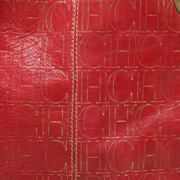 Pre Owned CH Carolina Herrera Red/Gold Monogram Leather Chain Tote