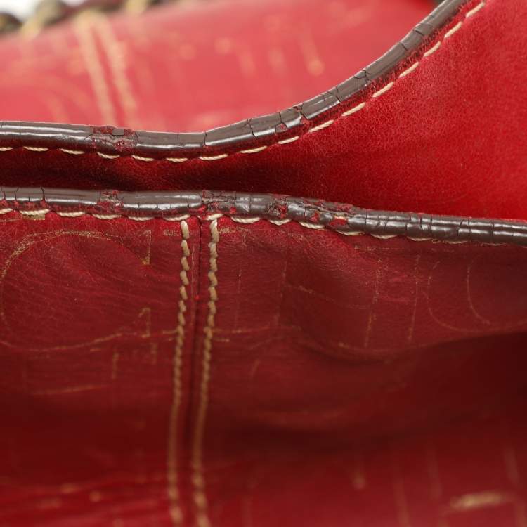 Pre Owned CH Carolina Herrera Red/Gold Monogram Leather Chain Tote