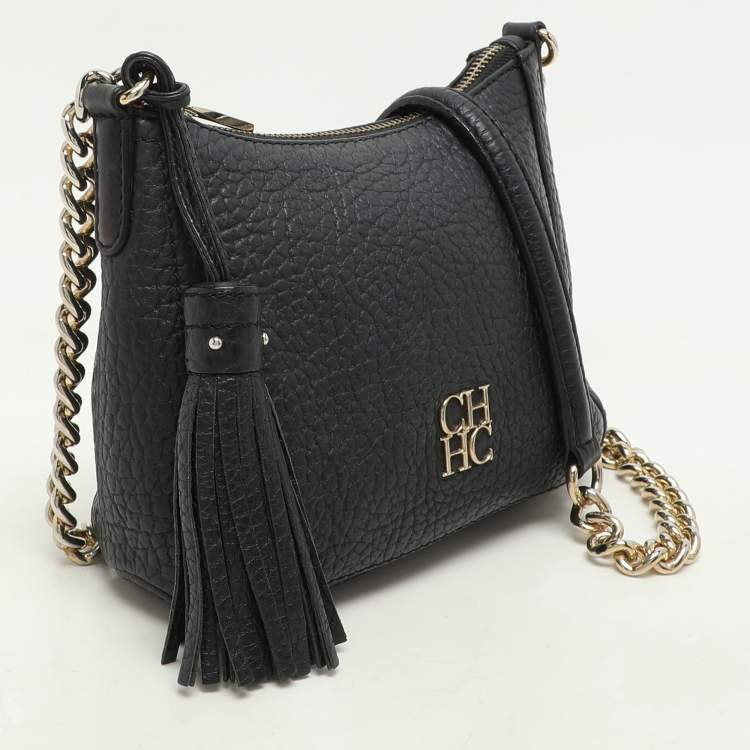 Pre Owned Carolina Herrera Black Leather Chain Tassel Shoulder Bag