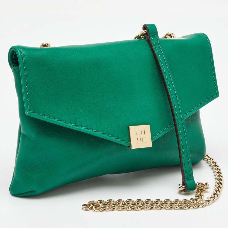 Pre Owned CH Carolina Herrera Green Leather Envelope Flap Crossbody Bag