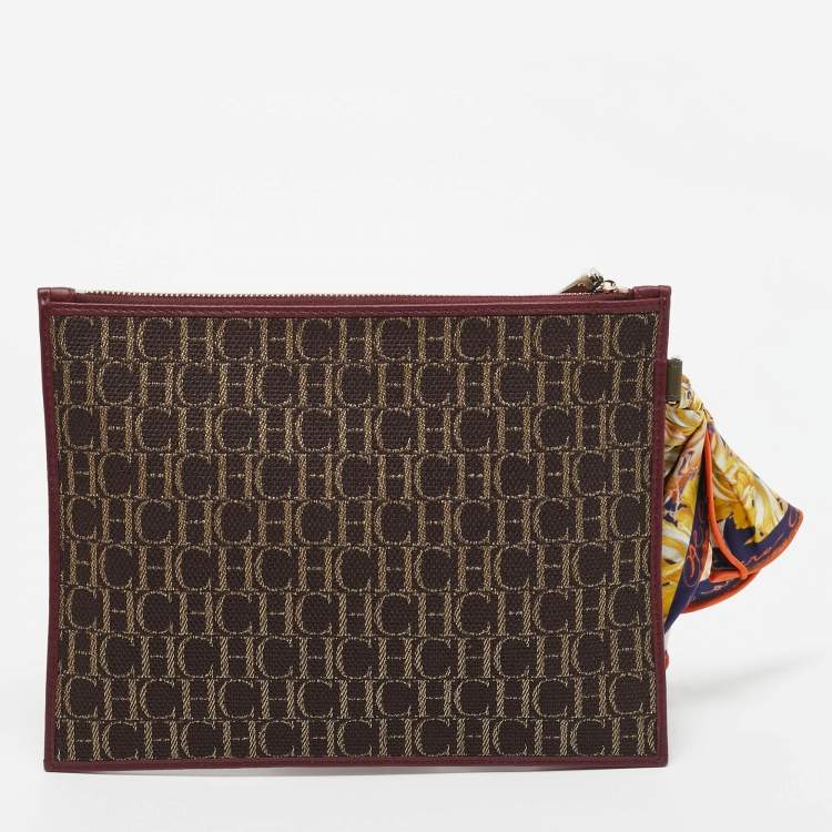Pre Owned CH Carolina Herrera Burgundy/Brown Monogram Canvas and Leather Scarf Flat Pouch
