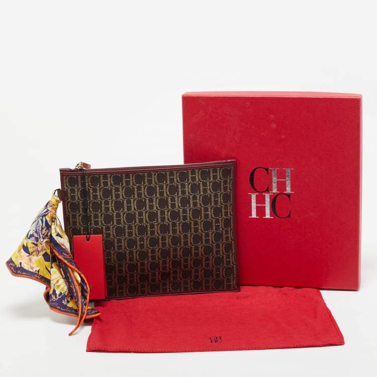Pre Owned CH Carolina Herrera Burgundy/Brown Monogram Canvas and Leather Scarf Flat Pouch