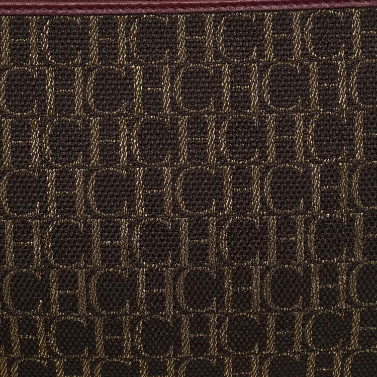 Pre Owned CH Carolina Herrera Burgundy/Brown Monogram Canvas and Leather Scarf Flat Pouch