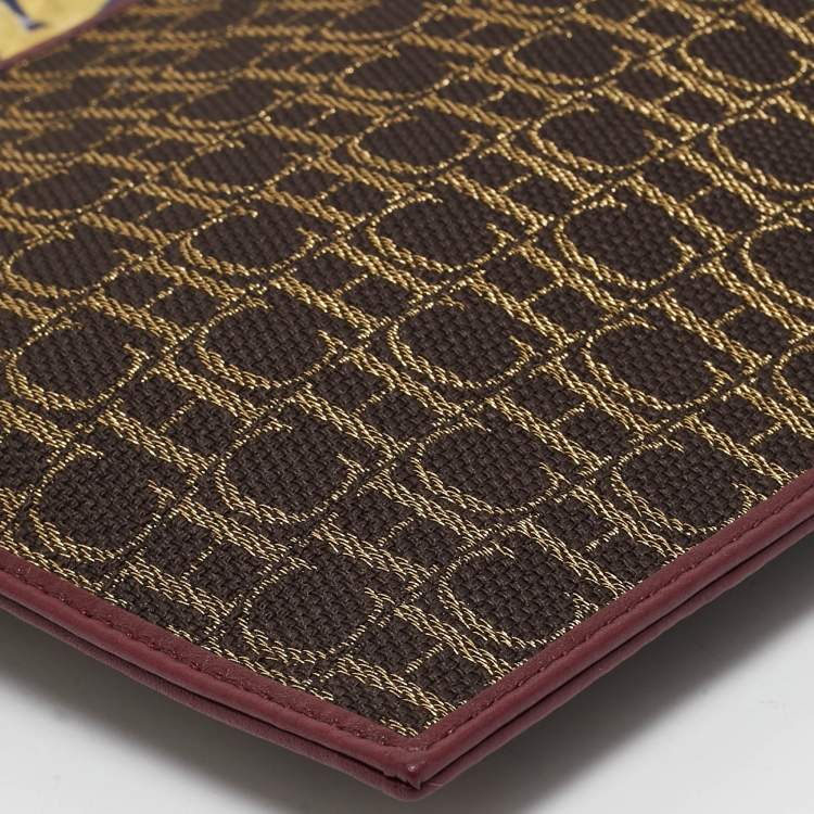 Pre Owned CH Carolina Herrera Burgundy/Brown Monogram Canvas and Leather Scarf Flat Pouch