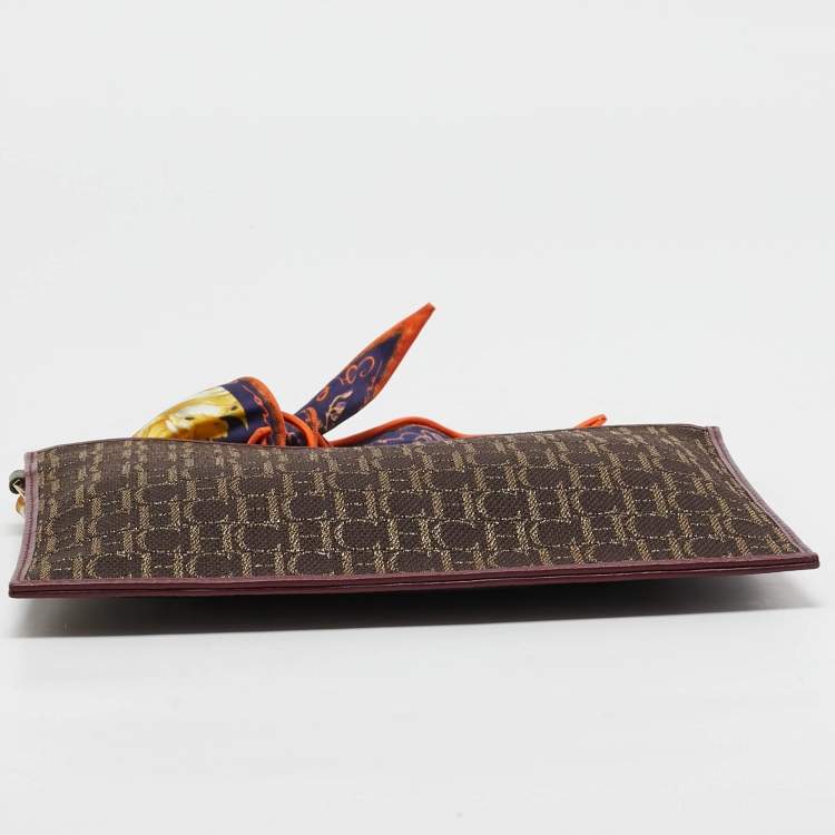 Pre Owned CH Carolina Herrera Burgundy/Brown Monogram Canvas and Leather Scarf Flat Pouch