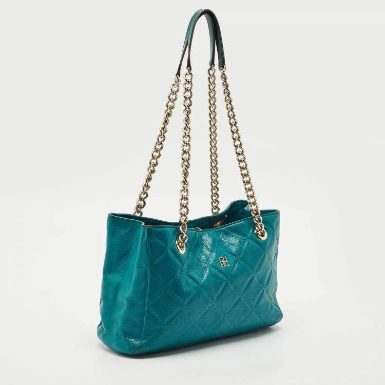 Pre Owned CH Carolina Herrera Green Quilted Embossed Leather Chain Tote