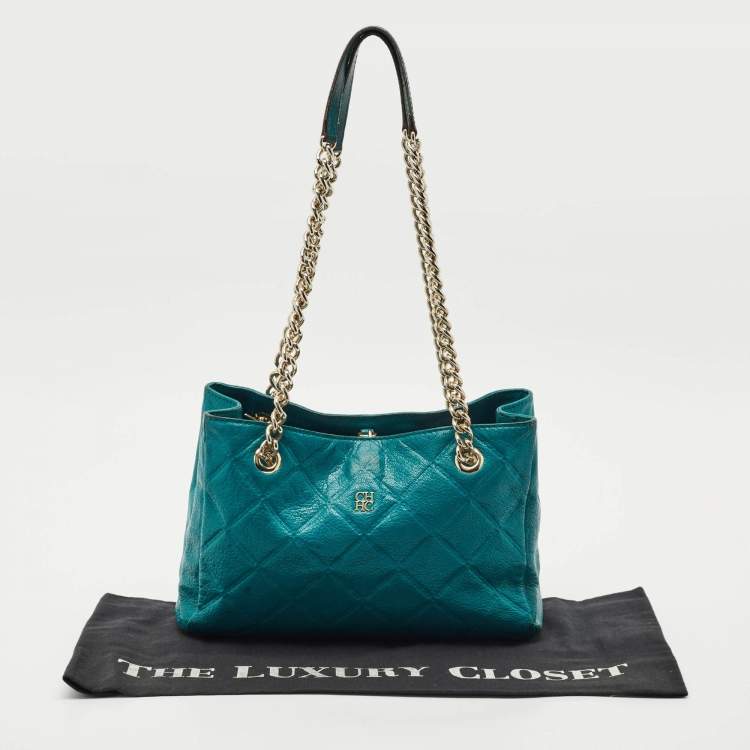Pre Owned CH Carolina Herrera Green Quilted Embossed Leather Chain Tote