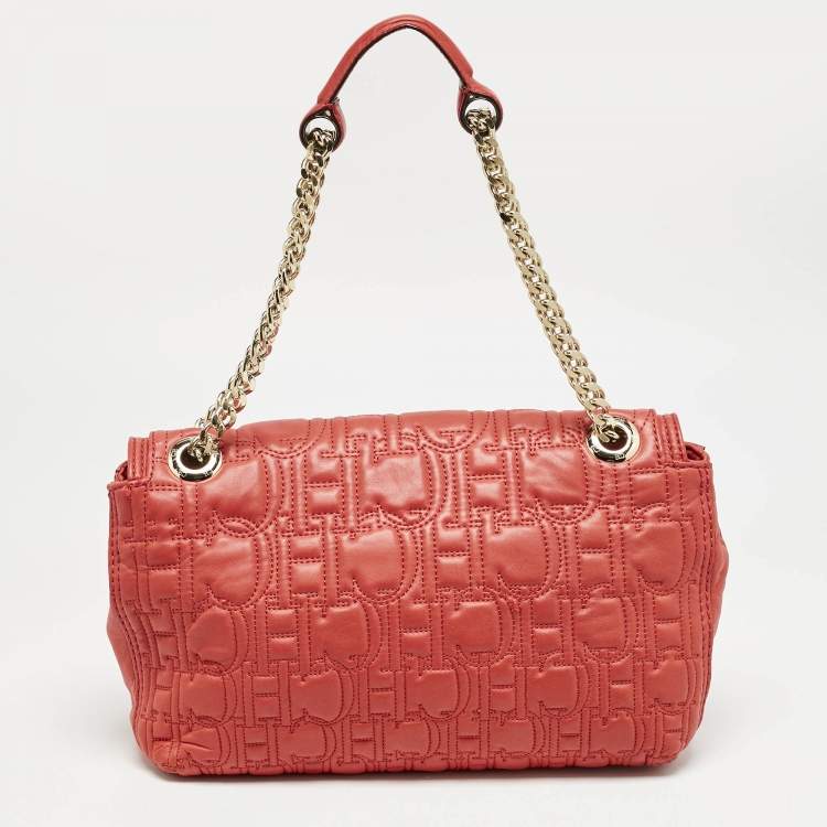 Pre Owned CH Carolina Herrera Red Monogram Leather Double Flap Shoulder Bag