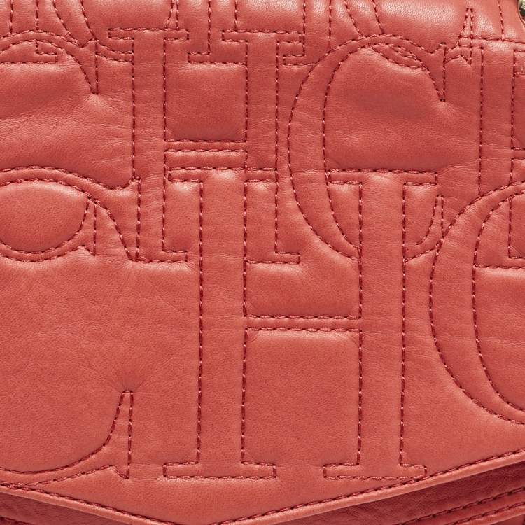 Pre Owned CH Carolina Herrera Red Monogram Leather Double Flap Shoulder Bag