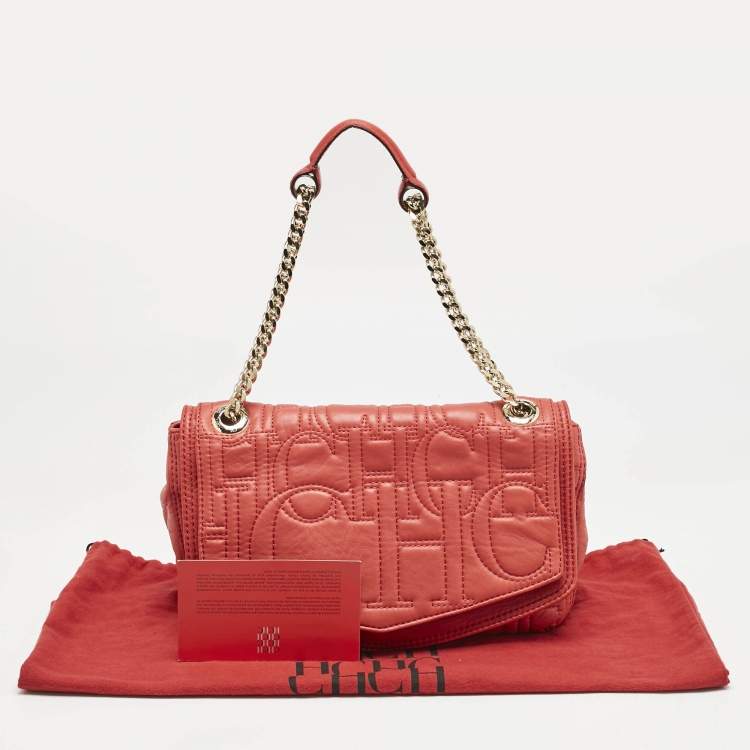 Pre Owned CH Carolina Herrera Red Monogram Leather Double Flap Shoulder Bag