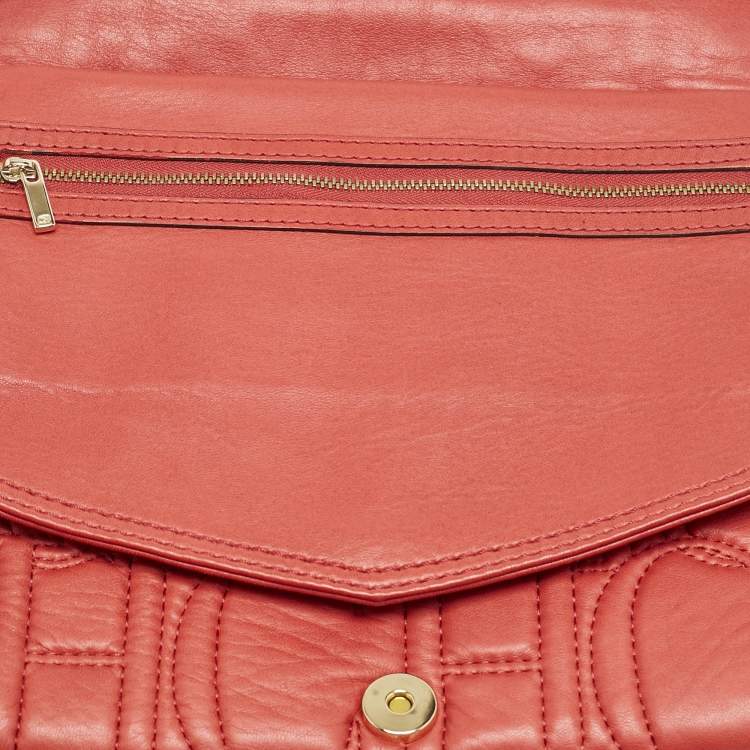Pre Owned CH Carolina Herrera Red Monogram Leather Double Flap Shoulder Bag