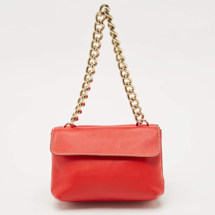 Pre Owned CH Carolina Herrera Red Leather Double Flap Chain Shoulder Bag  
