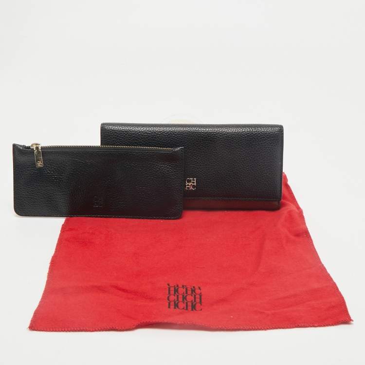 Pre Owned CH Carolina Herrera Black/Brown Leather Long Trifold Wallet