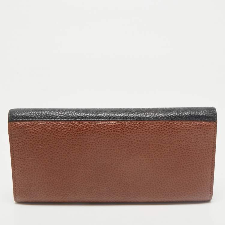 Pre Owned CH Carolina Herrera Black/Brown Leather Long Trifold Wallet