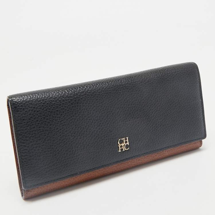 Pre Owned CH Carolina Herrera Black/Brown Leather Long Trifold Wallet