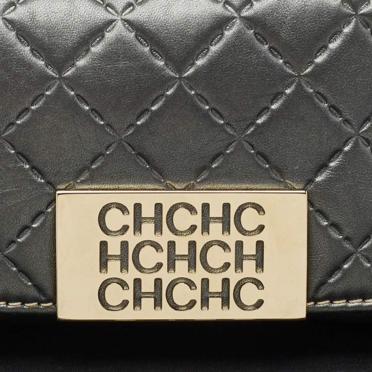 Pre Owned CH Carolina Herrera Metallic Grey Quilted Embossed Leather Flap Clutch