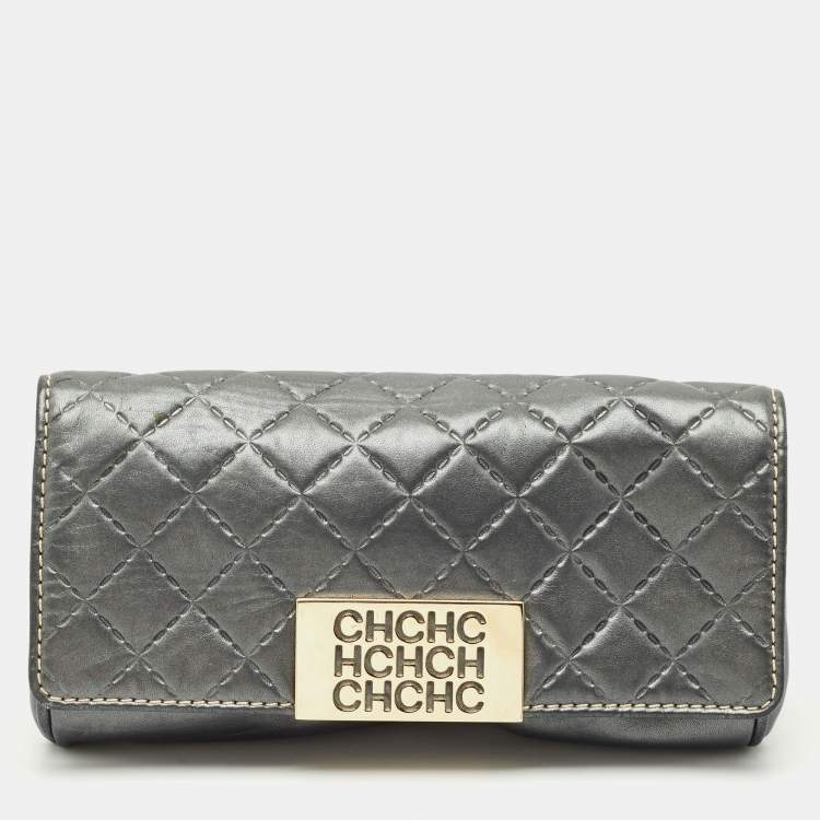 Pre Owned CH Carolina Herrera Metallic Grey Quilted Embossed Leather Flap Clutch