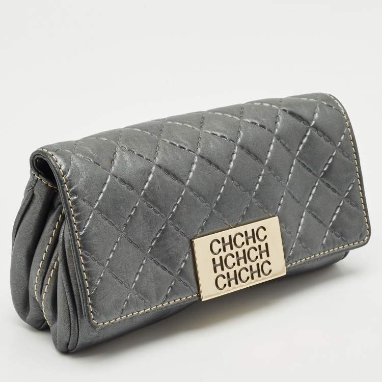Pre Owned CH Carolina Herrera Metallic Grey Quilted Embossed Leather Flap Clutch