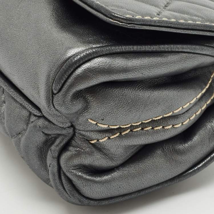 Pre Owned CH Carolina Herrera Metallic Grey Quilted Embossed Leather Flap Clutch