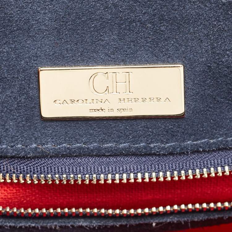 Pre Owned CH Carolina Herrera Navy Blue Monogram Leather Pushlock Top Handle Bag