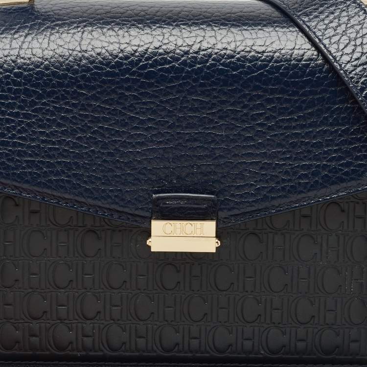Pre Owned CH Carolina Herrera Navy Blue Monogram Leather Pushlock Top Handle Bag