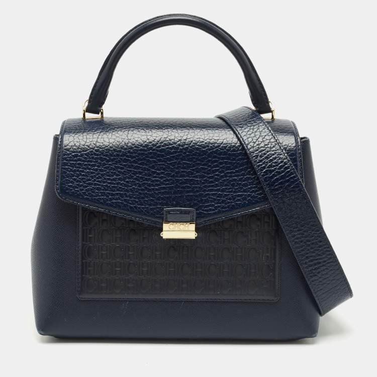 Pre Owned CH Carolina Herrera Navy Blue Monogram Leather Pushlock Top Handle Bag