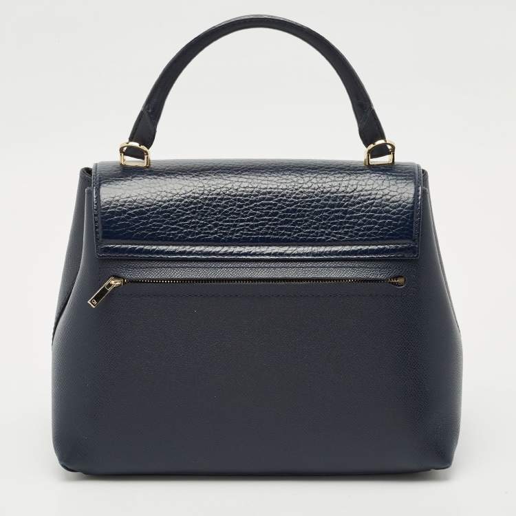 Pre Owned CH Carolina Herrera Navy Blue Monogram Leather Pushlock Top Handle Bag