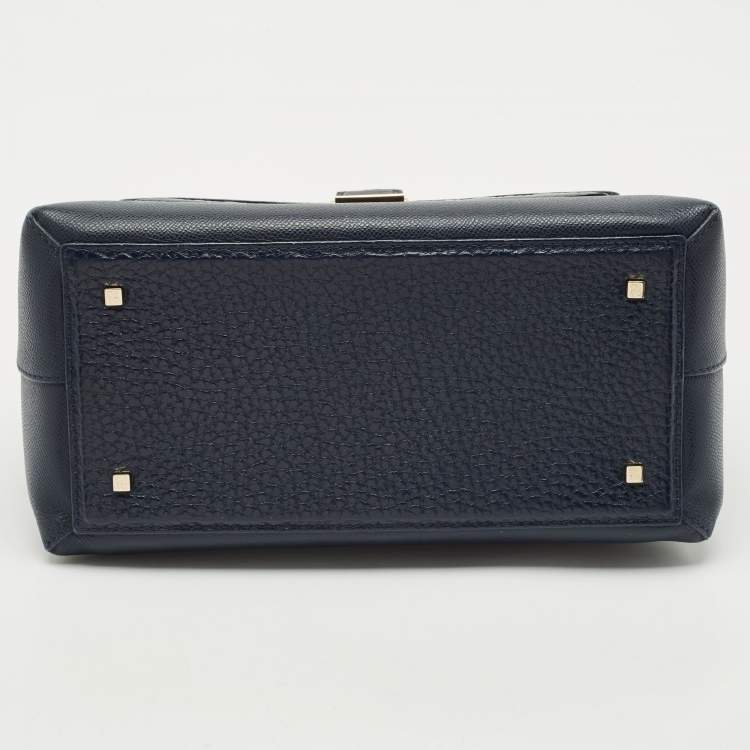 Pre Owned CH Carolina Herrera Navy Blue Monogram Leather Pushlock Top Handle Bag