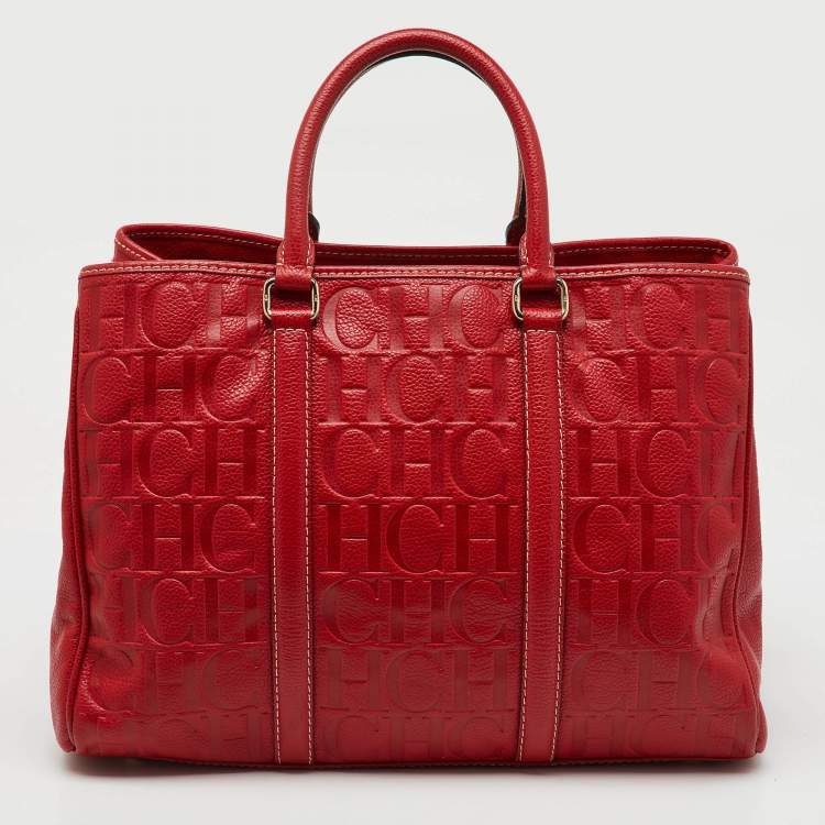 Pre Owned CH Carolina Herrera Red Monogram Embossed Leather Large Matteo Tote