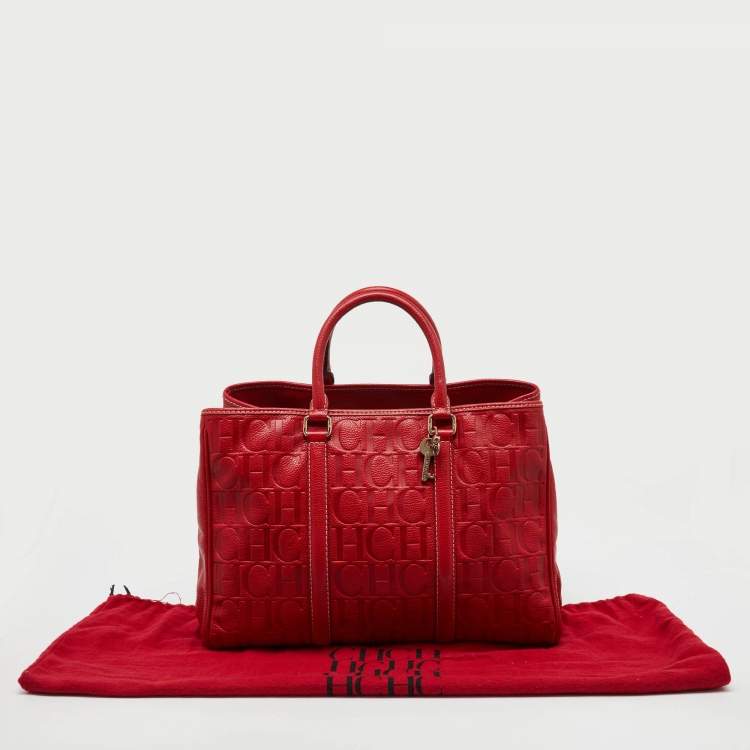 Pre Owned CH Carolina Herrera Red Monogram Embossed Leather Large Matteo Tote