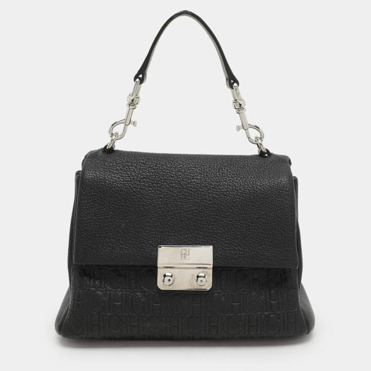 Pre Owned CH Carolina Herrera Black Monogram Leather Mini Baret Top Handle Bag