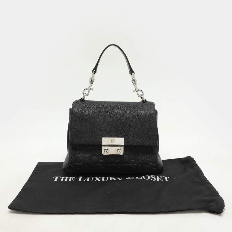 Pre Owned CH Carolina Herrera Black Monogram Leather Mini Baret Top Handle Bag