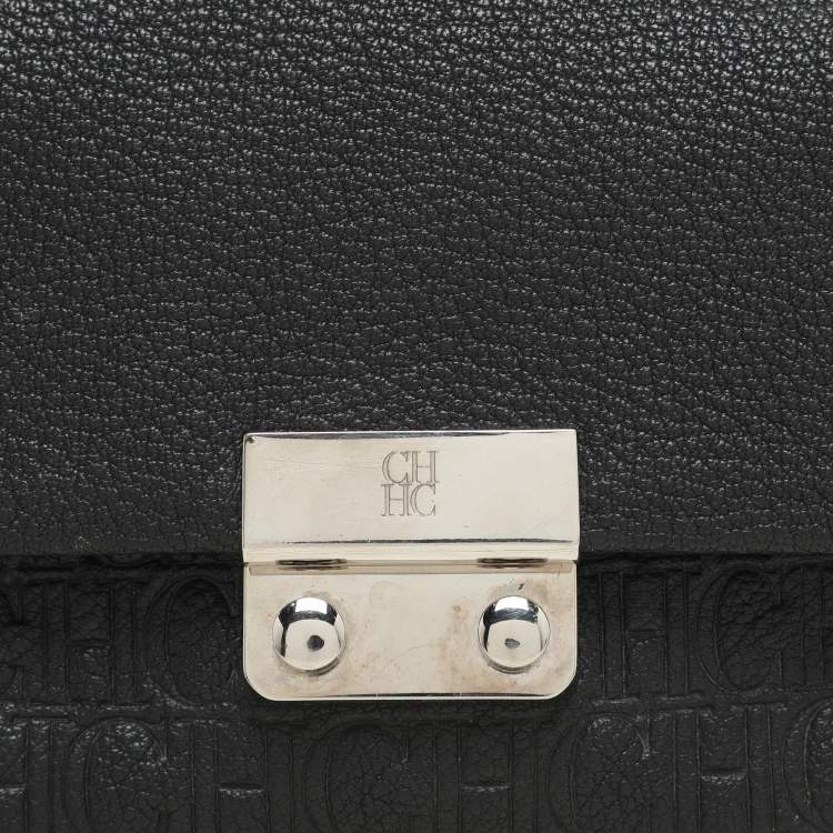 Pre Owned CH Carolina Herrera Black Monogram Leather Mini Baret Top Handle Bag
