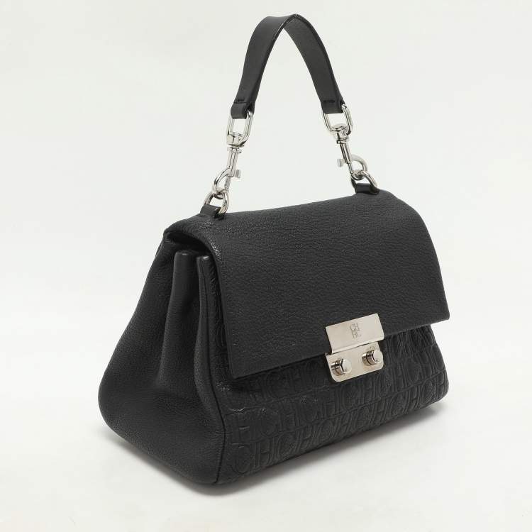 Pre Owned CH Carolina Herrera Black Monogram Leather Mini Baret Top Handle Bag