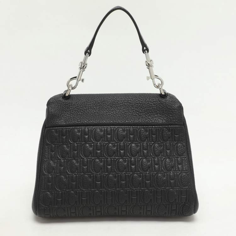 Pre Owned CH Carolina Herrera Black Monogram Leather Mini Baret Top Handle Bag