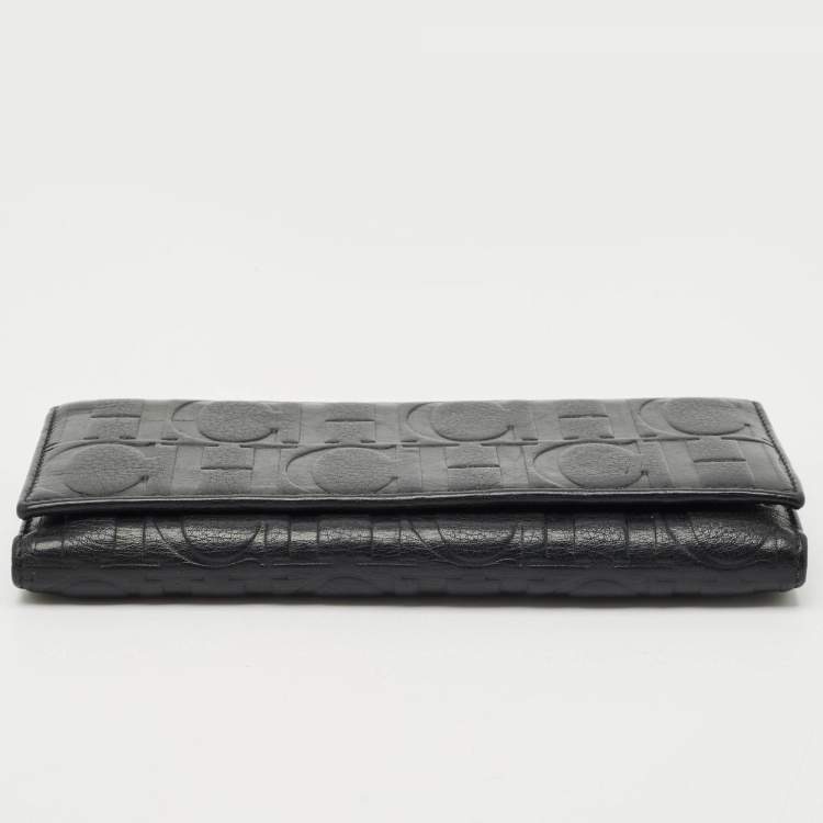 Pre Owned CH Carolina Herrera Black Monogram Leather Flap Continental Wallet