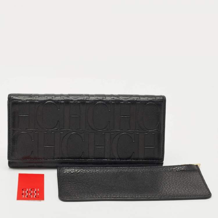 Pre Owned CH Carolina Herrera Black Monogram Leather Flap Continental Wallet