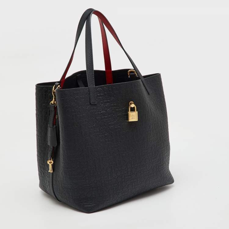 Pre Owned CH Carolina Herrera Black Monogram Leather Matryoshka Padlock Tote