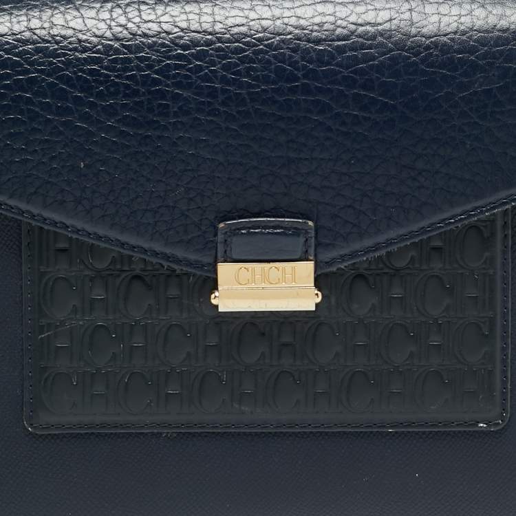 Pre Owned CH Carolina Herrera Blue Monogram Leather Top Handle Bag