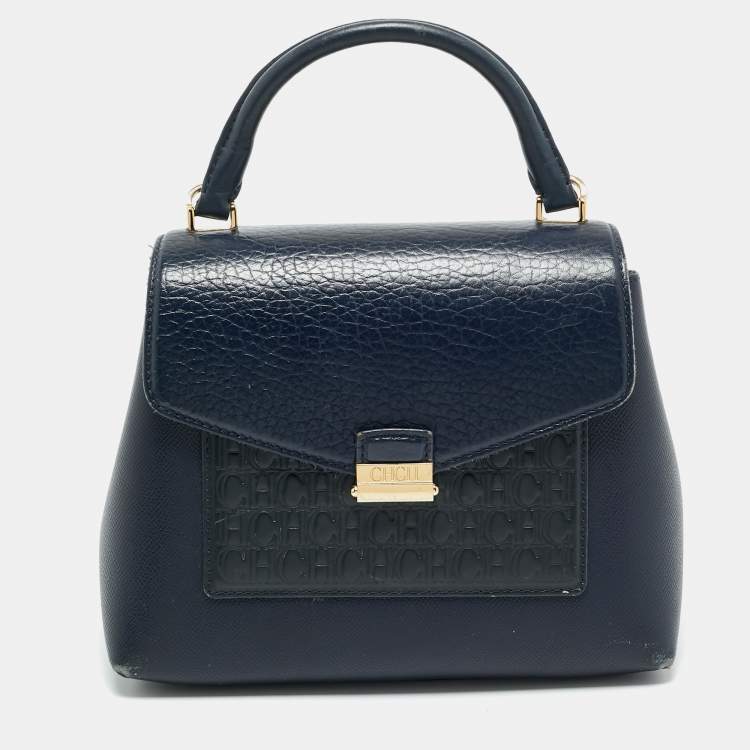 Pre Owned CH Carolina Herrera Blue Monogram Leather Top Handle Bag