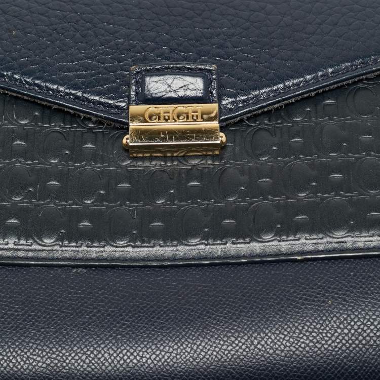 Pre Owned CH Carolina Herrera Blue Monogram Leather Top Handle Bag