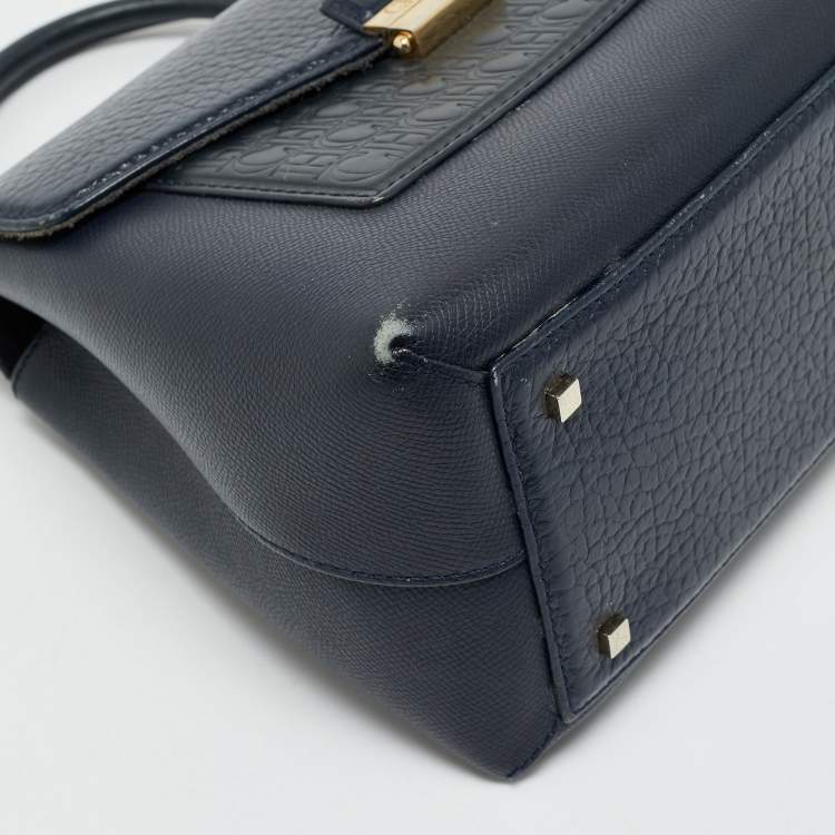 Pre Owned CH Carolina Herrera Blue Monogram Leather Top Handle Bag