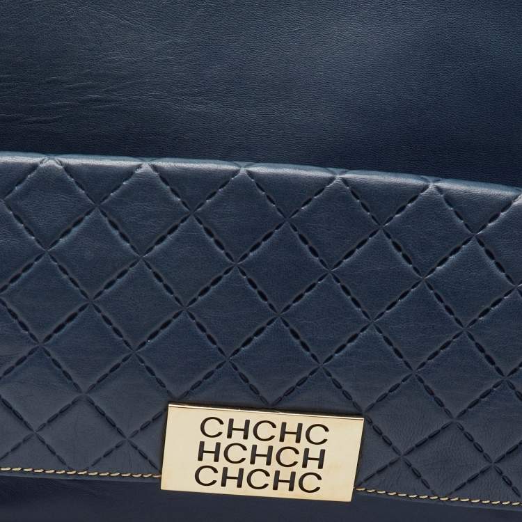 مملوكة مسبقًا CH Carolina Herrera Navy Blue Leather Front Pocket Shopper Tote