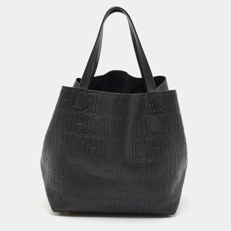Pre Owned CH Carolina Herrera Black Monogram Embossed Leather Matryoshka Tote