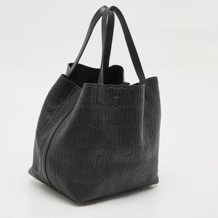 Pre Owned CH Carolina Herrera Black Monogram Embossed Leather Matryoshka Tote
