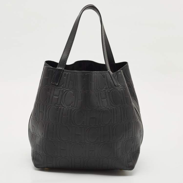 Pre Owned CH Carolina Herrera Black Monogram Embossed Leather Matryoshka Tote