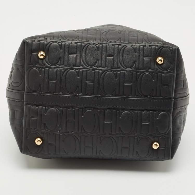 Pre Owned CH Carolina Herrera Black Monogram Embossed Leather Matryoshka Tote
